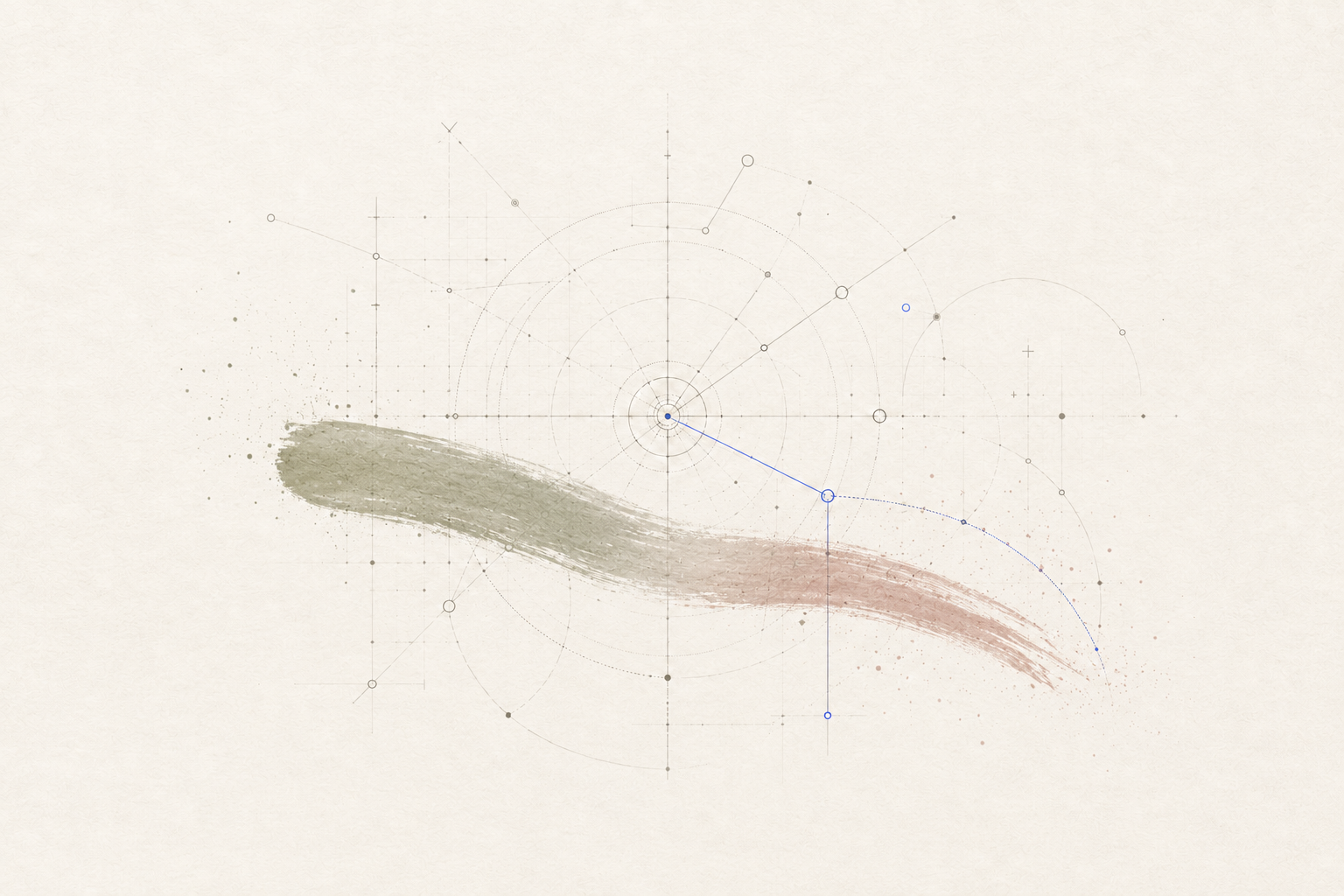 A continuous sage and dusty-rose brush gesture threaded through fine polar grids, IEEE logic symbols, and electric-blue coordinate marks